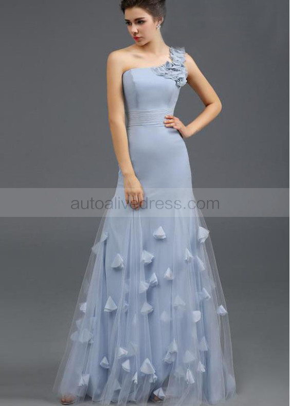 One Shoulder Blue Chiffon Tulle Chic Evening Dress